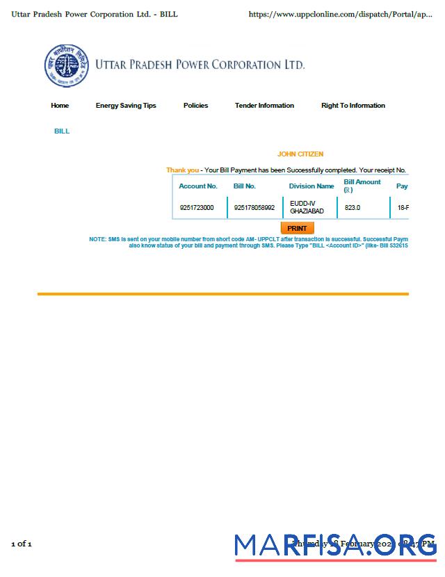 Blank India Uttar Pradesh Power Corporation Limited utility bill template in Word and PDF formats